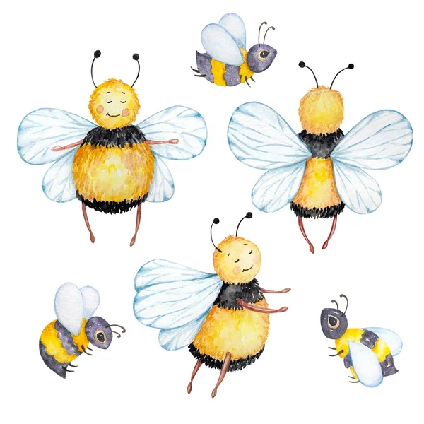 Suluboya Bal Seti Beyaz Arka Planda Farklı Bal Arıları — Stok fotoğraf
