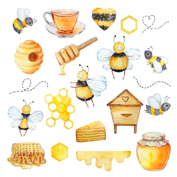 Watercolor Honey Set Bees Honeycombs Honey Beehive White Background — стоковое фото