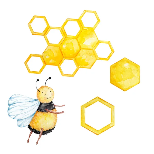 Watercolor Honey Set Bees Honeycombs White Background — 스톡 사진