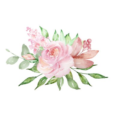 Bir buket narin gül ve yeşil yapraklı suluboya.