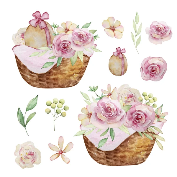 Akwarela Wiosna Wielkanoc Ilustracja Koszami Jajko Kwiat — Zdjęcie stockowe