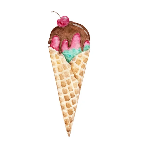 Watercolor Ice Cream Chocolate Cherry Waffle Cone — Stock Photo, Image