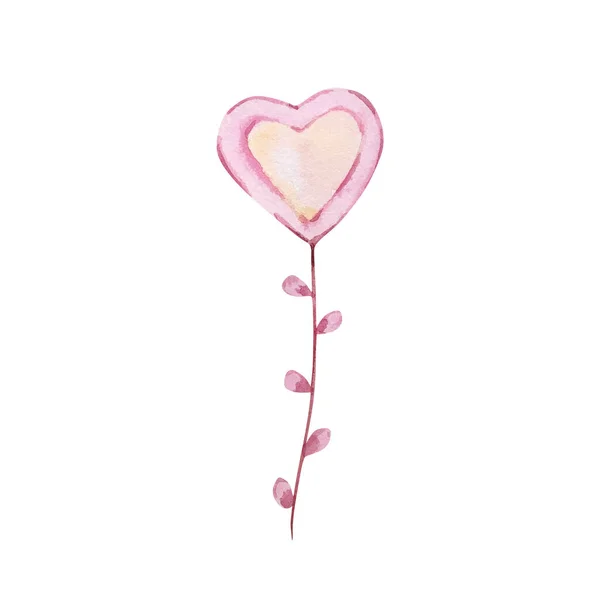 Akvarel Delikátní Větev Srdcem Tvaru Květiny Izolované Pro Zvací Design — Stock fotografie