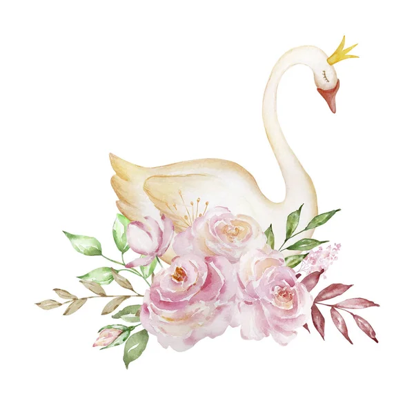 Watercolor Delicate White Princess Swan Bouquet Roses — Foto de Stock