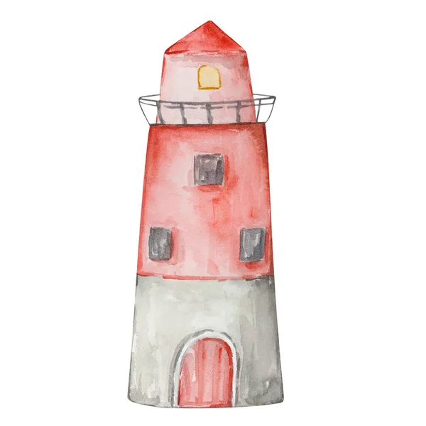 Watercolor Red Lighthouse Isolated White Background — Photo
