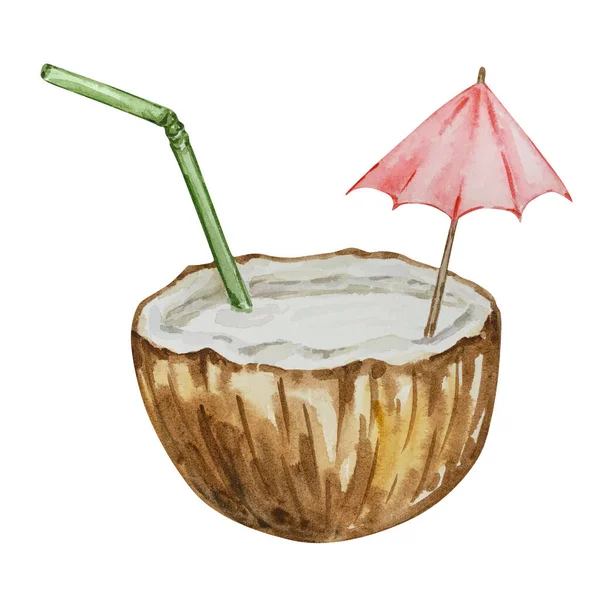 Watercolor Tropical Cocktail Coconut Isolated White Backgroun — Fotografia de Stock