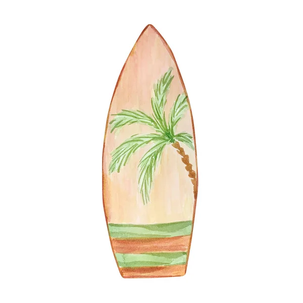 Watercolor Brown Surfboard Isolated White Background — стоковое фото