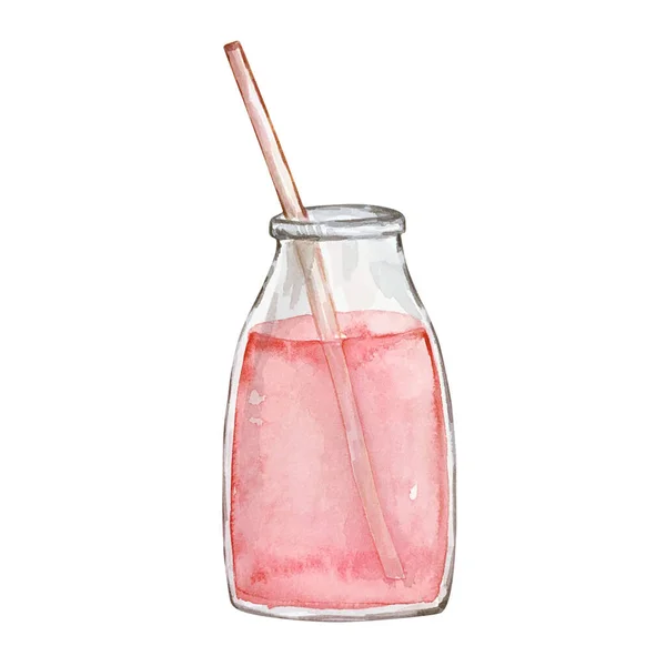 Watercolor Strawberry Smoothie Jar Isolated White Background — Zdjęcie stockowe