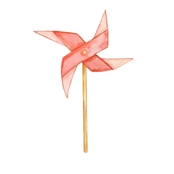 Watercolor Bright Summer Pinwheel Toy Isolated White Backgroun — Stockfoto