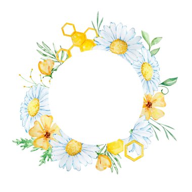 Suluboya papatya, yapraklar ve bal peteği ile yuvarlak çerçeve