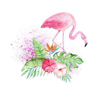 Parlak tropik çiçeklerle suluboya pembe flamingo