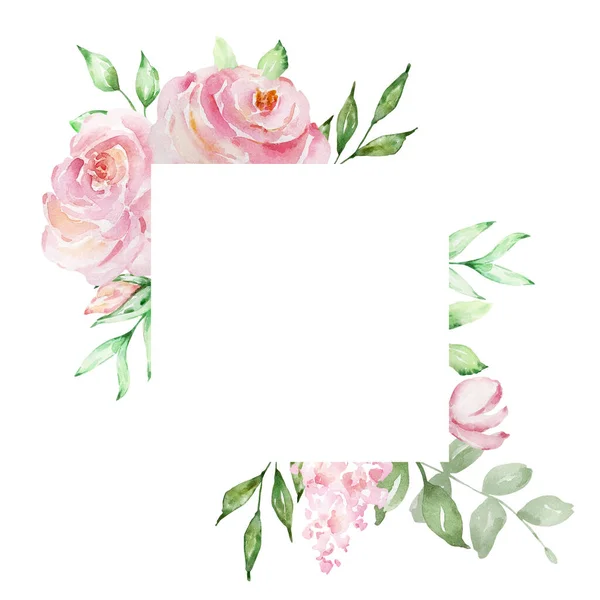 Υδατογραφία Τετράγωνο Πλαίσιο Από Ντελικάτα Ροζ Τριαντάφυλλα Και Πράσινα Φύλλα — Φωτογραφία Αρχείου