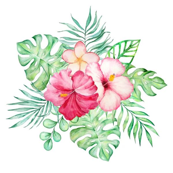 Watercolor tropical bouquet of hibiscus flowers and tropical leaves