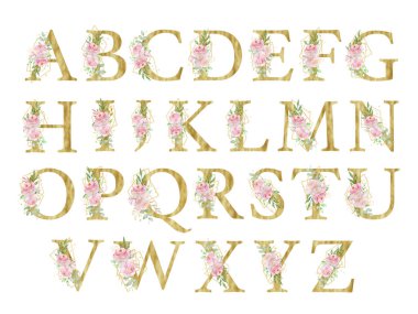Çiçekli suluboya alfabesi, güllü, yapraklı ve altın geometrik harfli A-Z