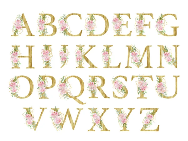 Floral Watercolor Alphabet Golden Letter Roses Leaves Golden Geometric — ストック写真