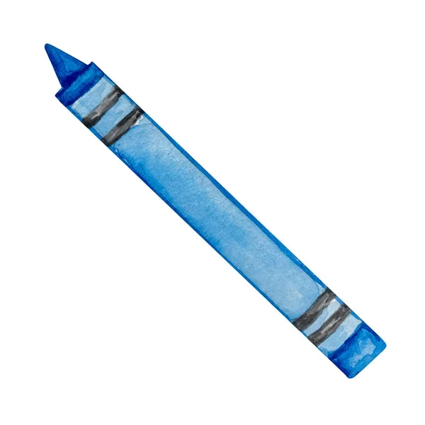 Watercolor School Children Blue Colored Crayons Drawing Isolated White Background — Foto Stock