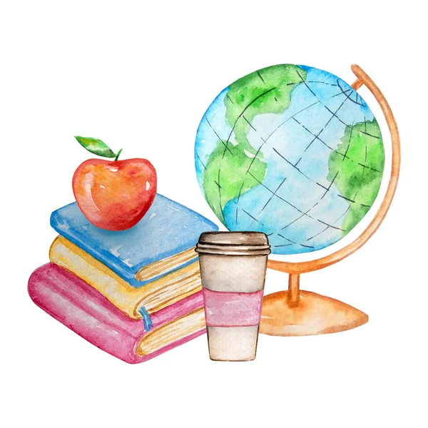 Watercolor Illustration School Supplies Globe White Background — ストック写真
