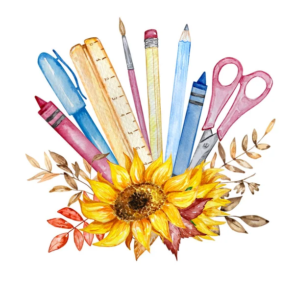 Watercolor Illustration School Supplies Sunflower Isolated White Background — 스톡 사진