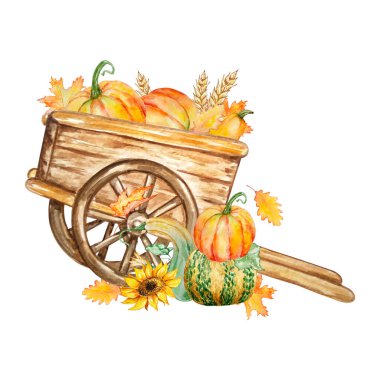 Watercolor illustration of autumn pumpkins in a cart composition on a white background