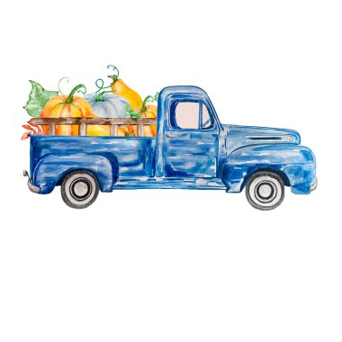 Watercolor illustration car with pumpkins composition on white background