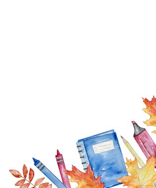 Watercolor illustration frame school supplies on white background