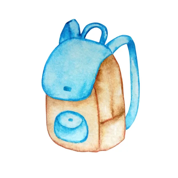 Watercolor Illustration Blue School Backpack Isolated White Background — 图库照片