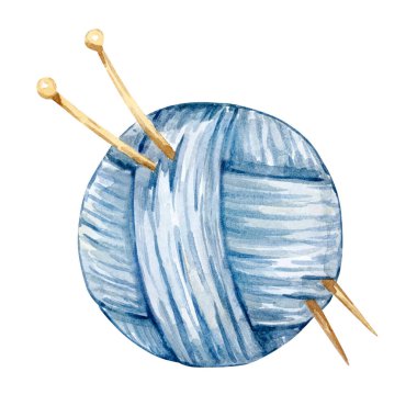 Watercolor illustration of yarn with knitting needles isolated on white background