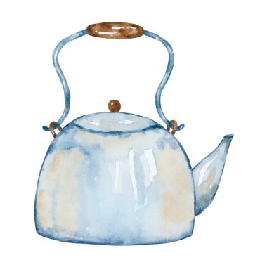 Watercolor illustration of blue teapot isolated on white background