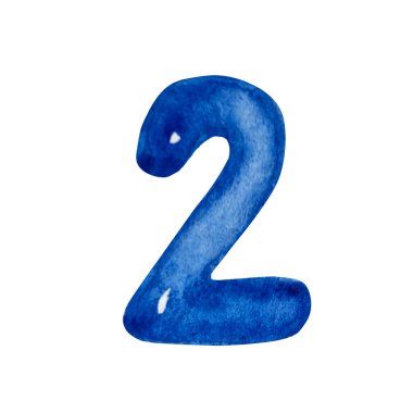 Watercolor illustration blue number two isolated on white background