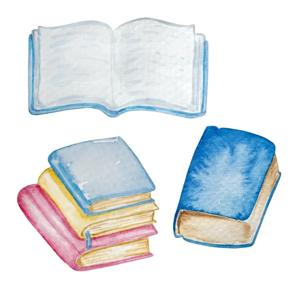 Aquarel Set Boeken Leerboeken School Open Blauw Boek Met Een — Stockfoto