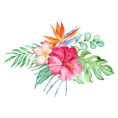 Çiçek ve tropik yapraklardan oluşan suluboya tropikal buket