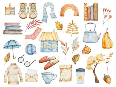 Watercolor big set of cozy autumn, cute elements isolated on white background