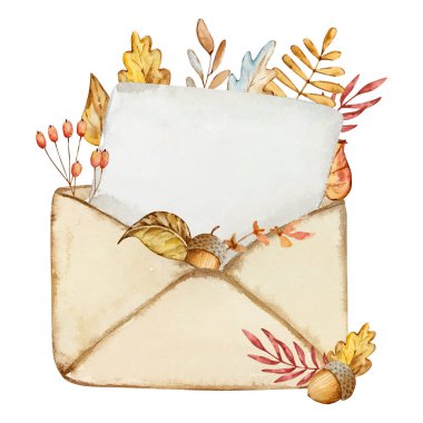 Watercolor illustration of an envelope with a letter and autumn leaves on a white background