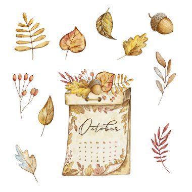 Watercolor autumn composition calendar and leaves isolated on white background