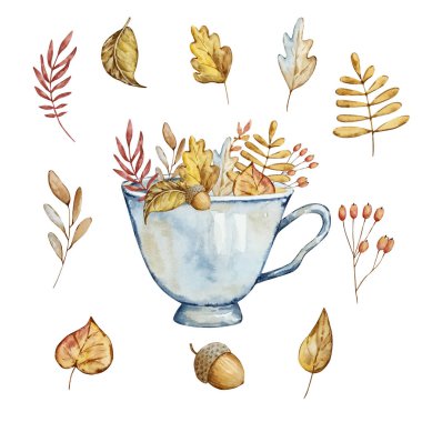 Watercolor autumn composition blue cup and leaves isolated on white background