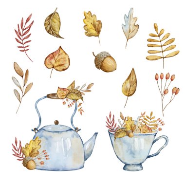 Watercolor autumn composition blue teapot, cup and leaves isolated on white background