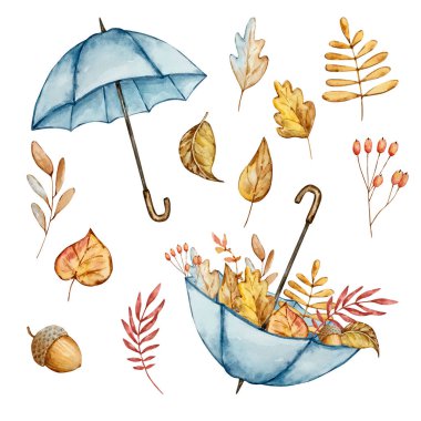 Watercolor autumn composition blue umbrella and leaves isolated on white background