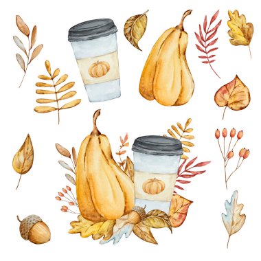 Watercolor autumn composition pumpkin, coffee and leaves isolated on white background