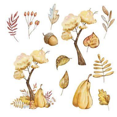 Watercolor autumn composition tree, pumpkin and leaves isolated on white background
