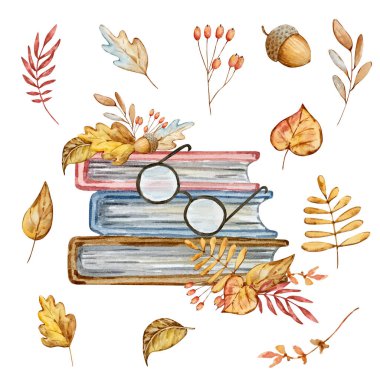 Watercolor autumn composition of book, glasses and leaves isolated on white background
