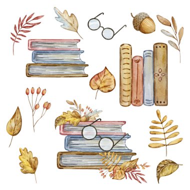 Watercolor autumn composition of book, glasses and leaves isolated on white background