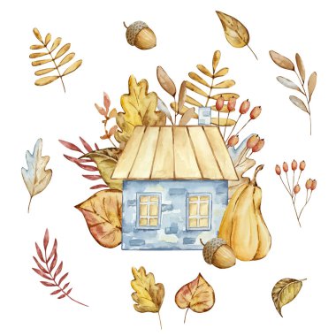 Watercolor autumn composition house and leaves isolated on white background