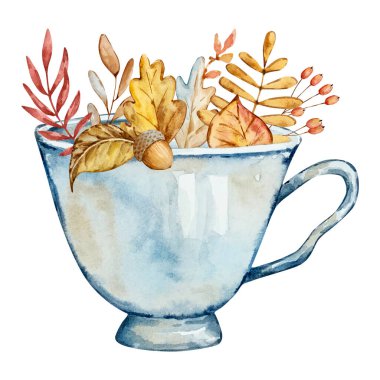 Watercolor illustration of a blue cup with autumn leaves on a white background