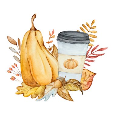 Watercolor illustration of a pumpkin and coffee with autumn leaves on a white background