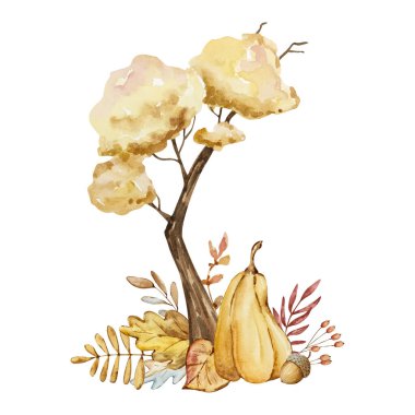Watercolor illustration of a tree with a pumpkin and with autumn leaves on a white background