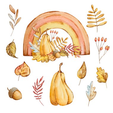 Watercolor autumn composition rainbow, pumpkin and leaves isolated on white background