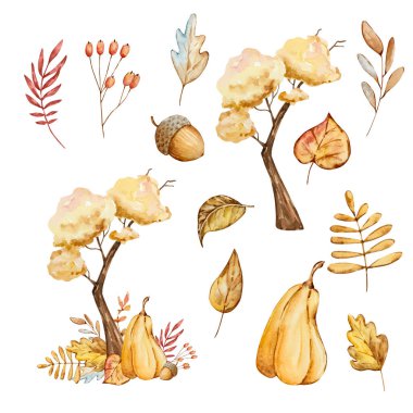 Watercolor autumn composition tree, pumpkin and leaves isolated on white background