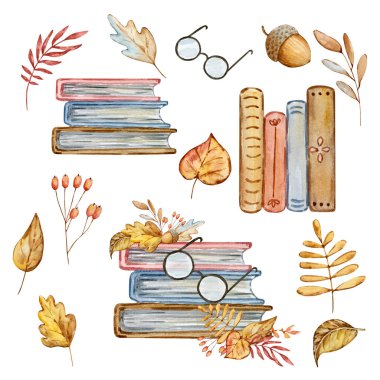 Watercolor autumn composition of book, glasses and leaves isolated on white background