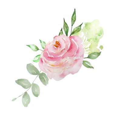 Bir buket narin gül ve yeşil yapraklı suluboya.