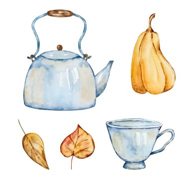 Watercolor set of cozy autumn, cute elements isolated on white background